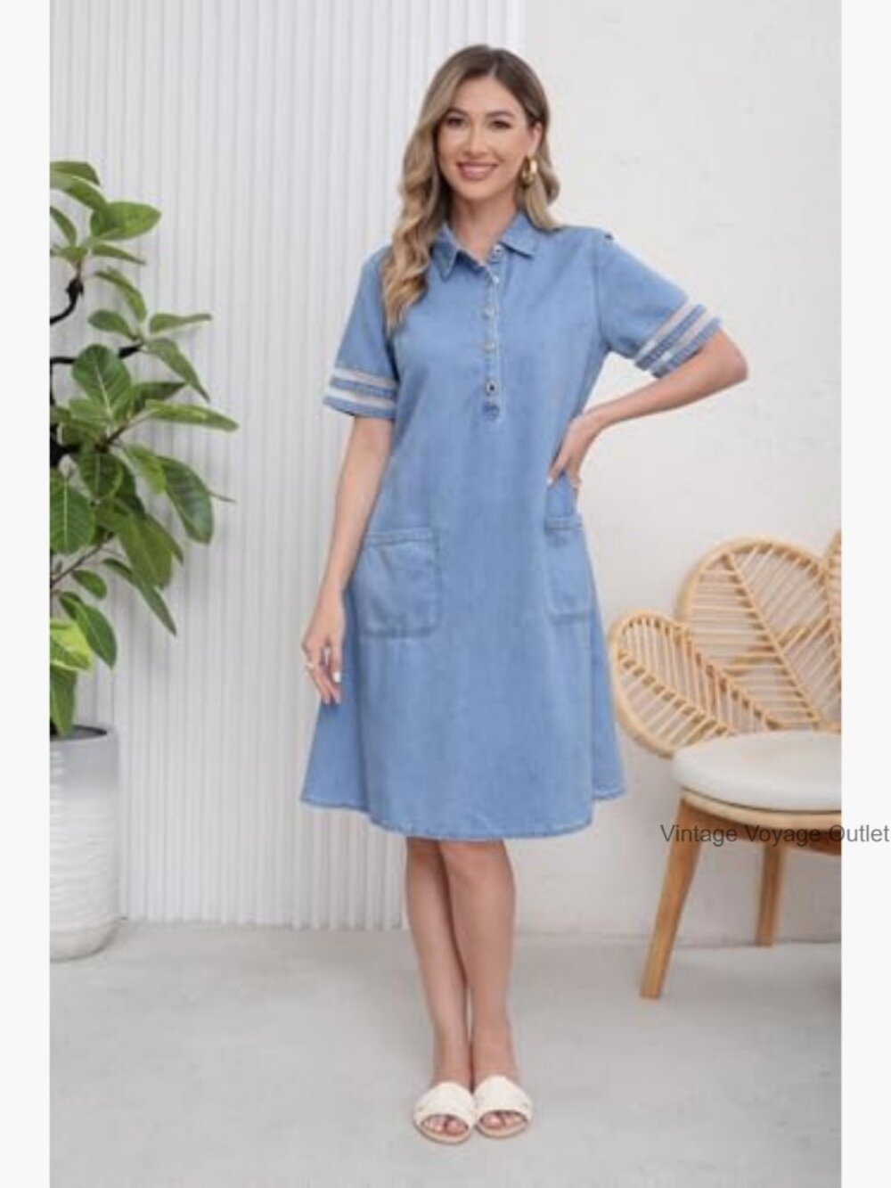 Tulle Sleeve Denim Midi Dress with Pockets A-Line Button Front - Picture 6 of 7